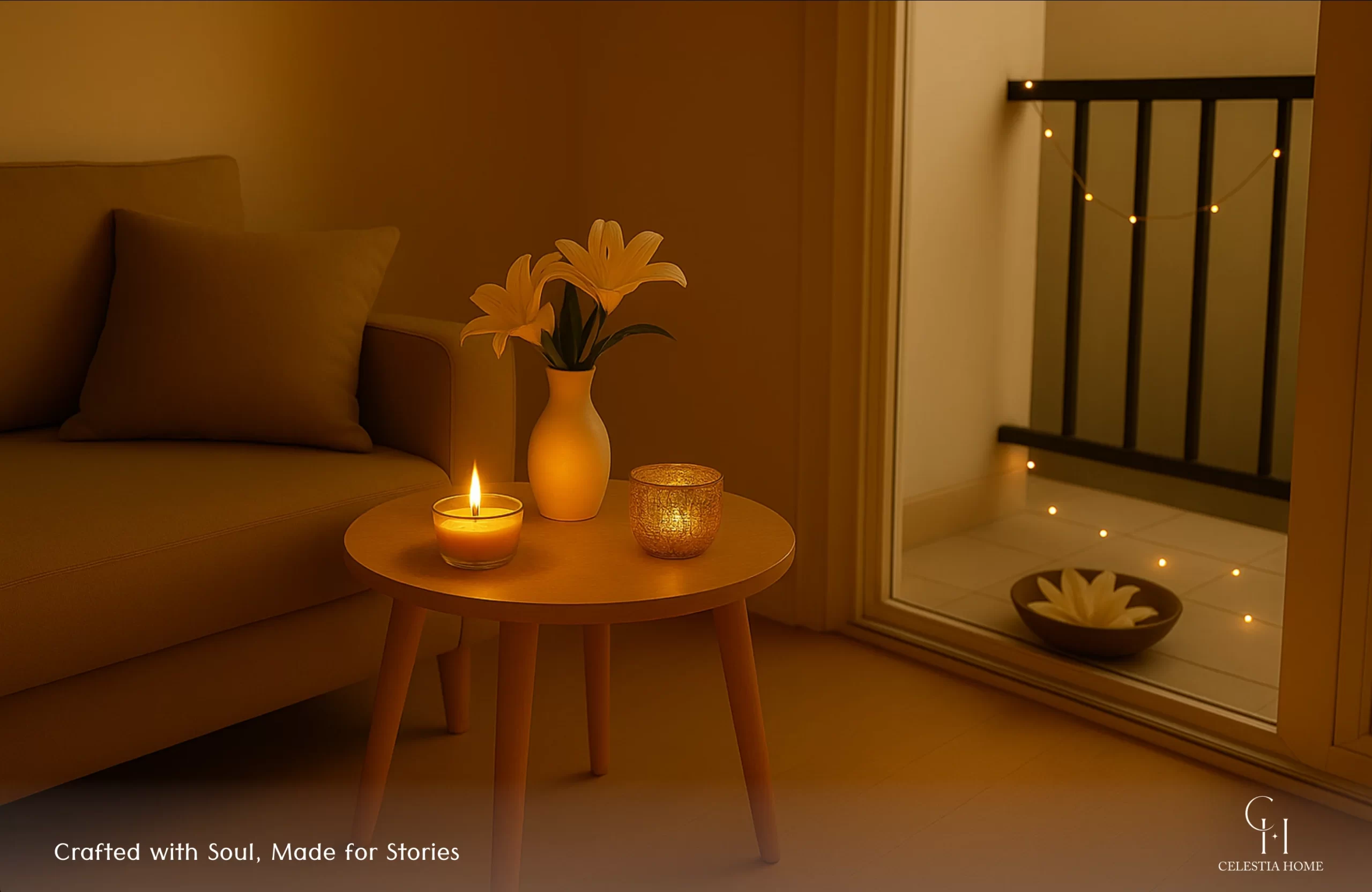 Minimalist Diwali décor with candles, flower bowls, and elegant plates arranged in a simple urban home setting.