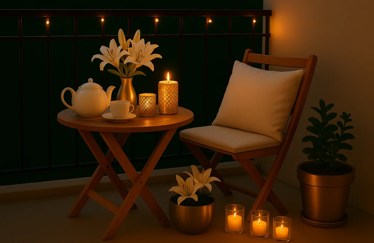 Festive coffee table styled with candles, tea light holders, and flowers creating a warm corner.