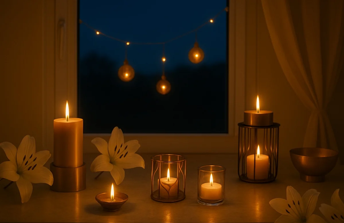 Softly lit window corner with white lily, candles, and handcrafted bowls by Celestia Home