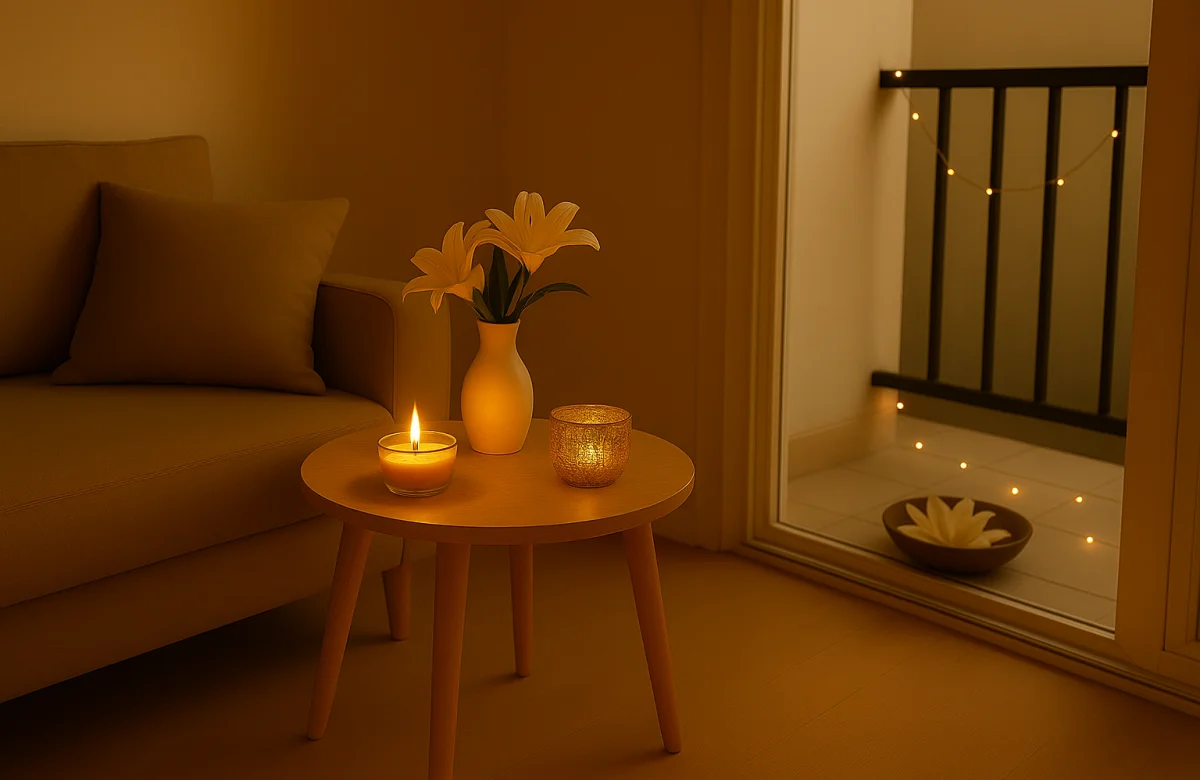 Minimal festive window corner with white lily, glowing candles, and lantern by Celestia Home