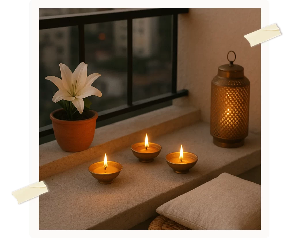 Minimal festive window corner with white lily, glowing candles, and lantern by Celestia Home