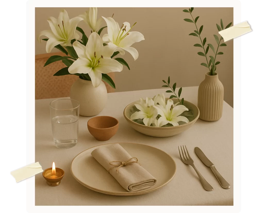 Minimalist festive table setup with white lilies, ceramic tableware, and candle by Celestia Home