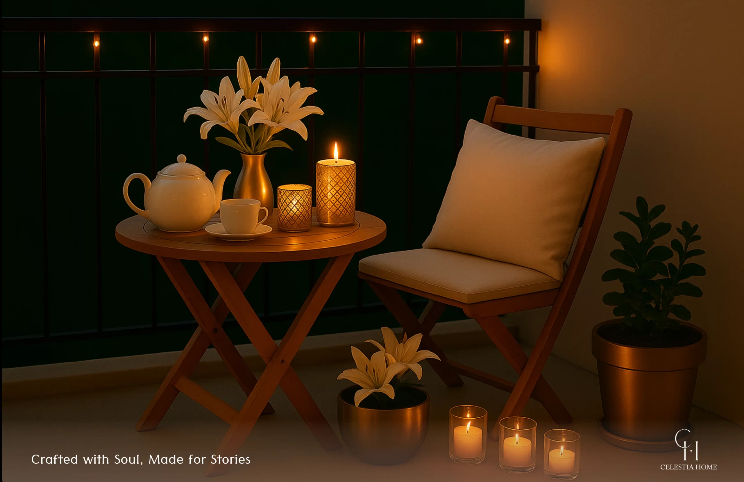 Festive home corner decorated with candles, tea light holders, and flowers on a coffee table.