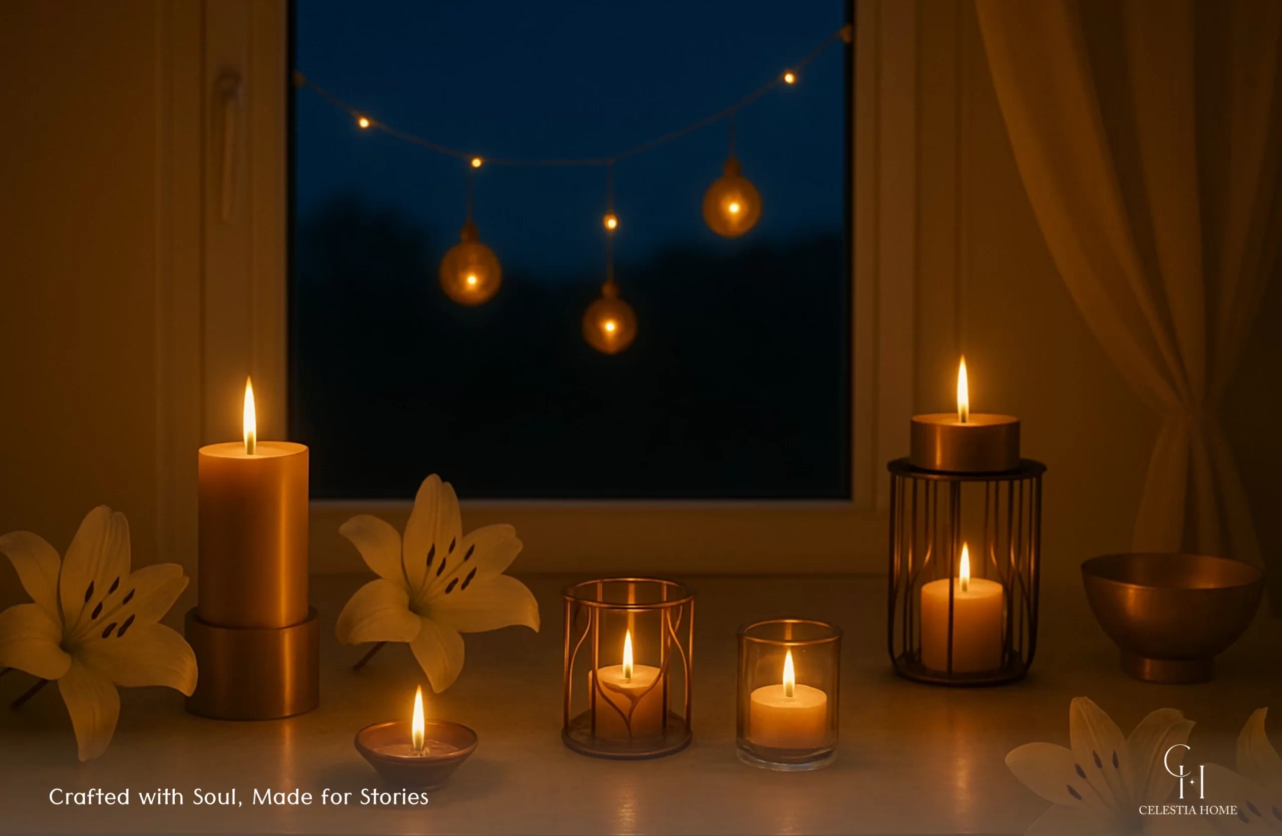 Diwali home décor with candles and tea light holders creating a warm, serene festive atmosphere.