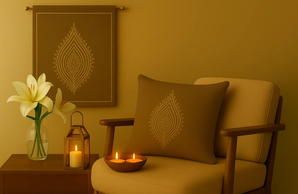 Warm festive table setting with earthen diyas, ceramic cups, and flowers by Celestia Home