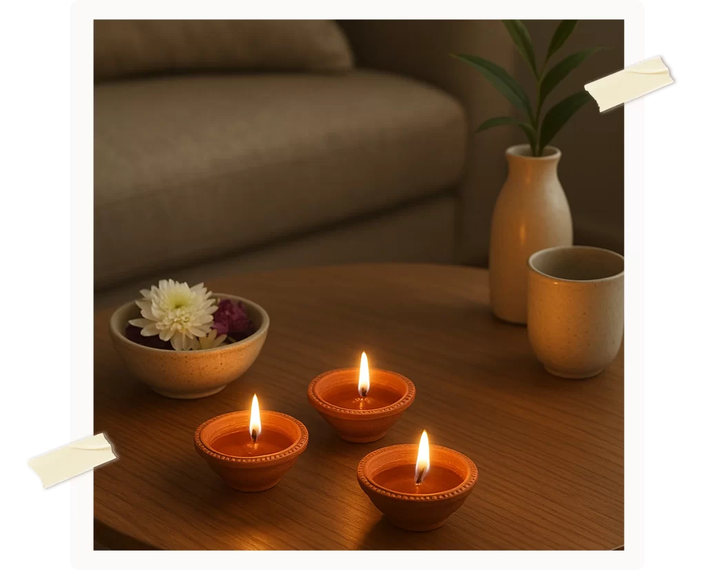 Warm festive table setting with earthen diyas, ceramic cups, and flowers by Celestia Home