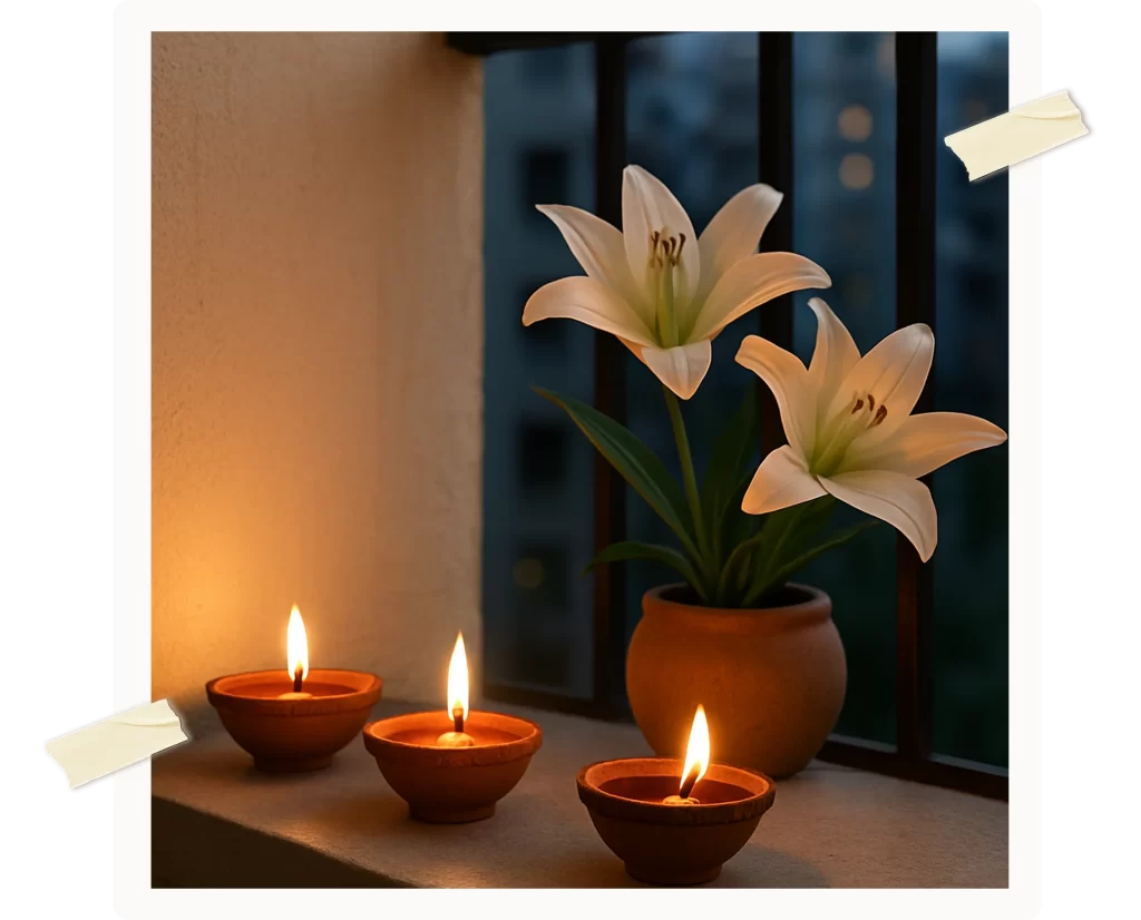 Clay diyas and white lilies on a windowsill glowing in warm evening light by Celestia Home