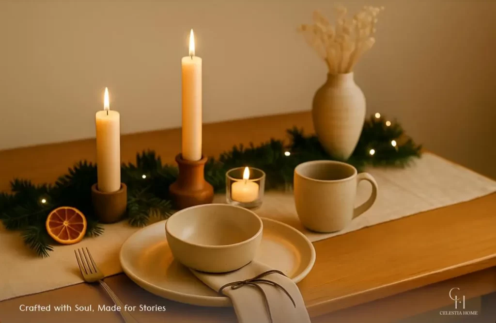 Beautiful handcrafted bowl and festive decor on holiday table.
