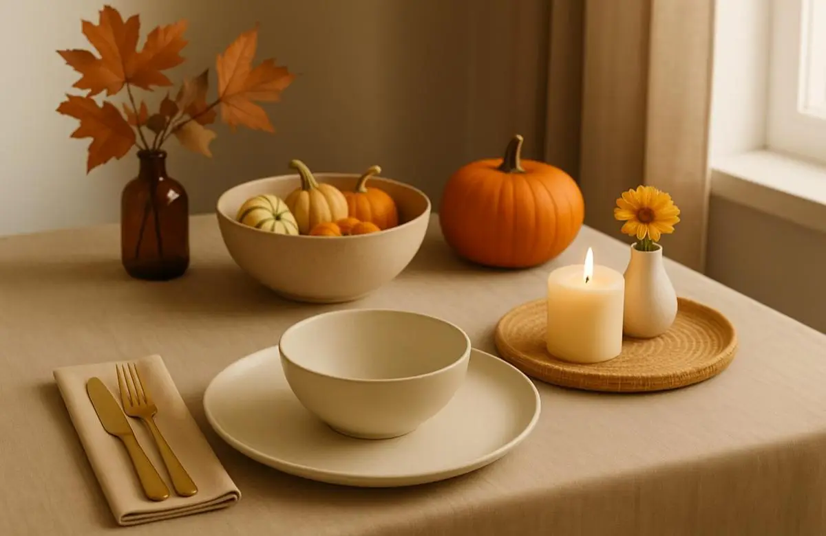 Handcrafted ceramics and linen tableware for Thanksgiving dinner.