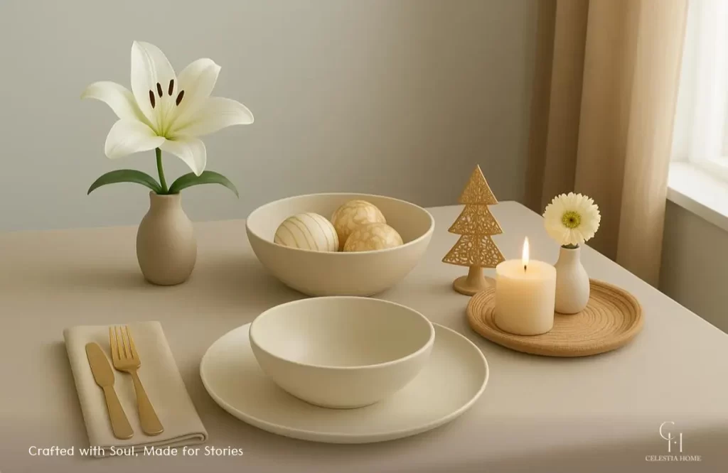 Handcrafted Indian festive pieces styled for a modern holiday home.