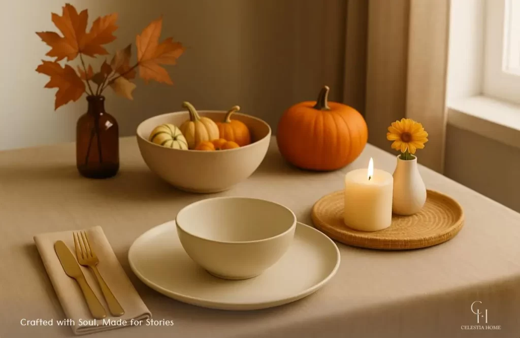 Thanksgiving Styling ideas for table decorated with artisanal plates, warm tones, and candles.