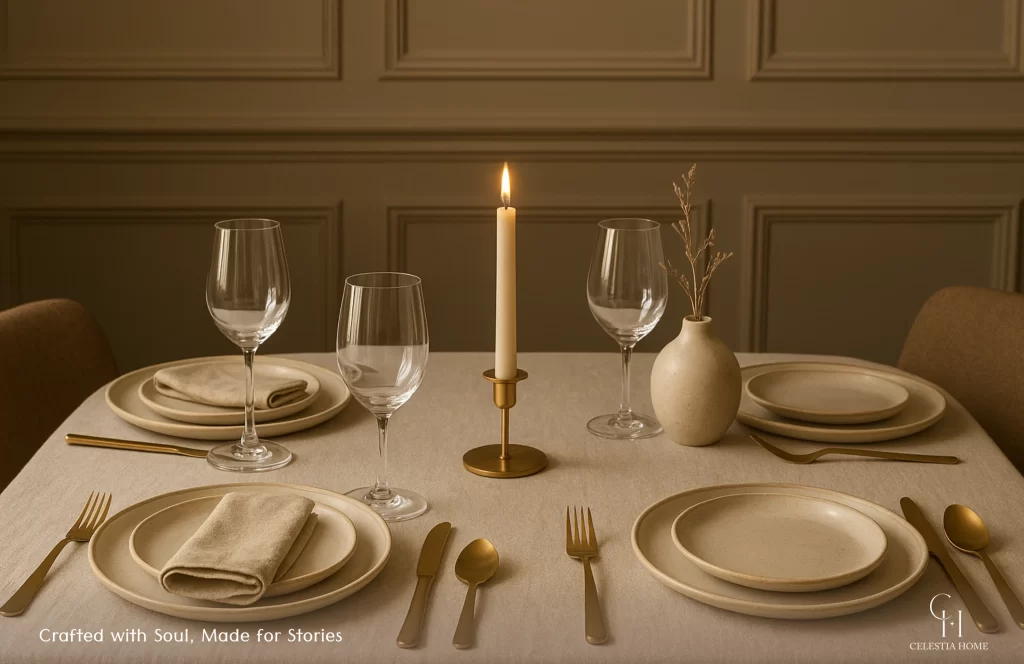 Handcrafted dinnerware set arranged on a warm, inviting table