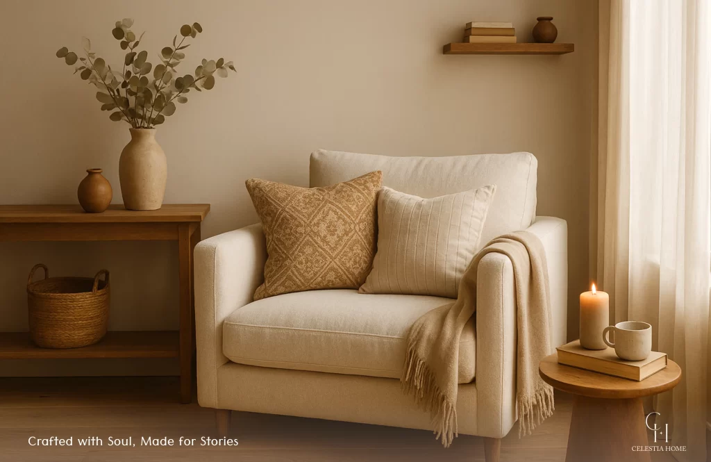 Cozy handcrafted living space styled with Celestia Home décor