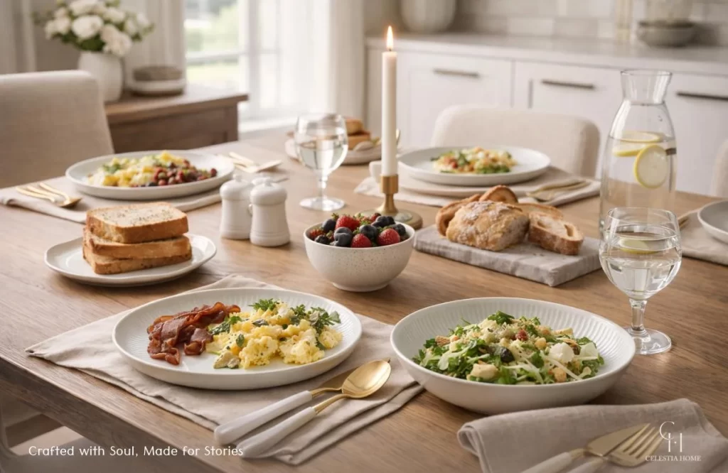 Everyday dining table styled with handcrafted plates and linens